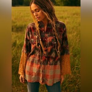 Gypsy Junkies Flannel Lace Plaid Shirt, New with Tags